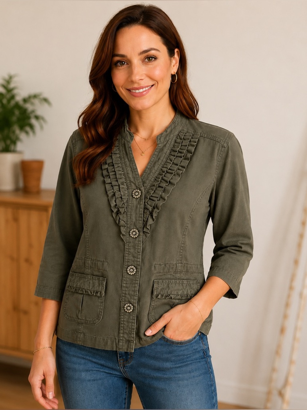 Chadwicks Green Ruffle Button Front Top Jacket Size Medium Silver - Picture 8 of 8